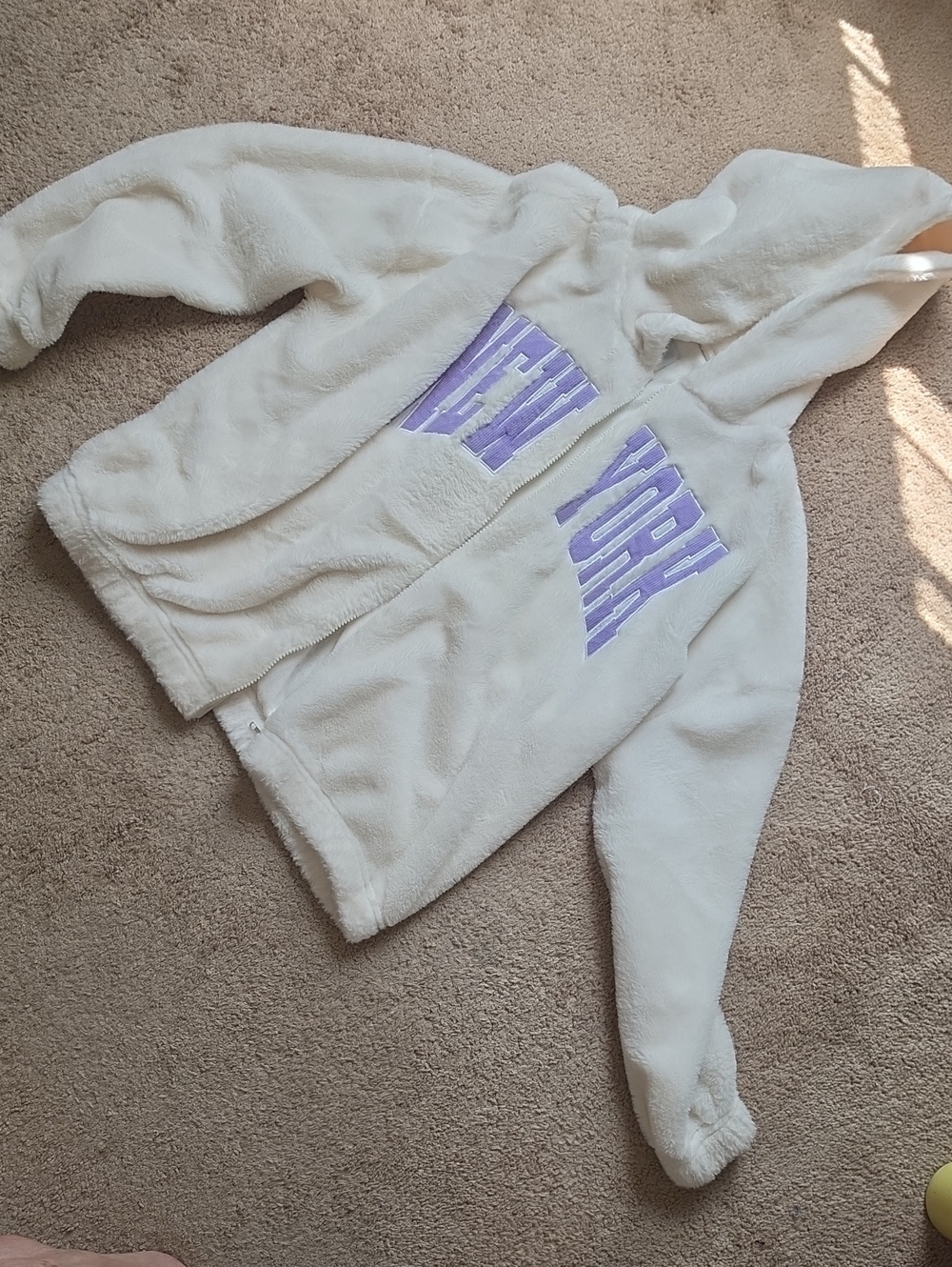 Women White Plush Hoodie Jacket with Lavender 'New York' Print